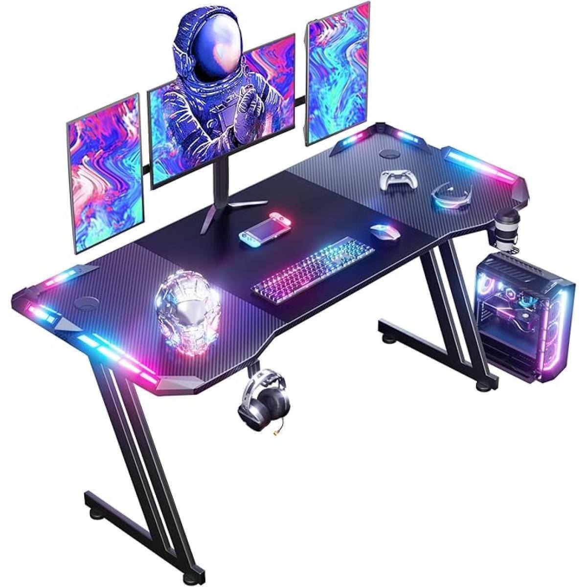 HLONONE 160x60cm LED gaming desk with carbon fiber surface headphone hook and cup holder from Al-Samman Computer in Amman and Irbid Jordan
